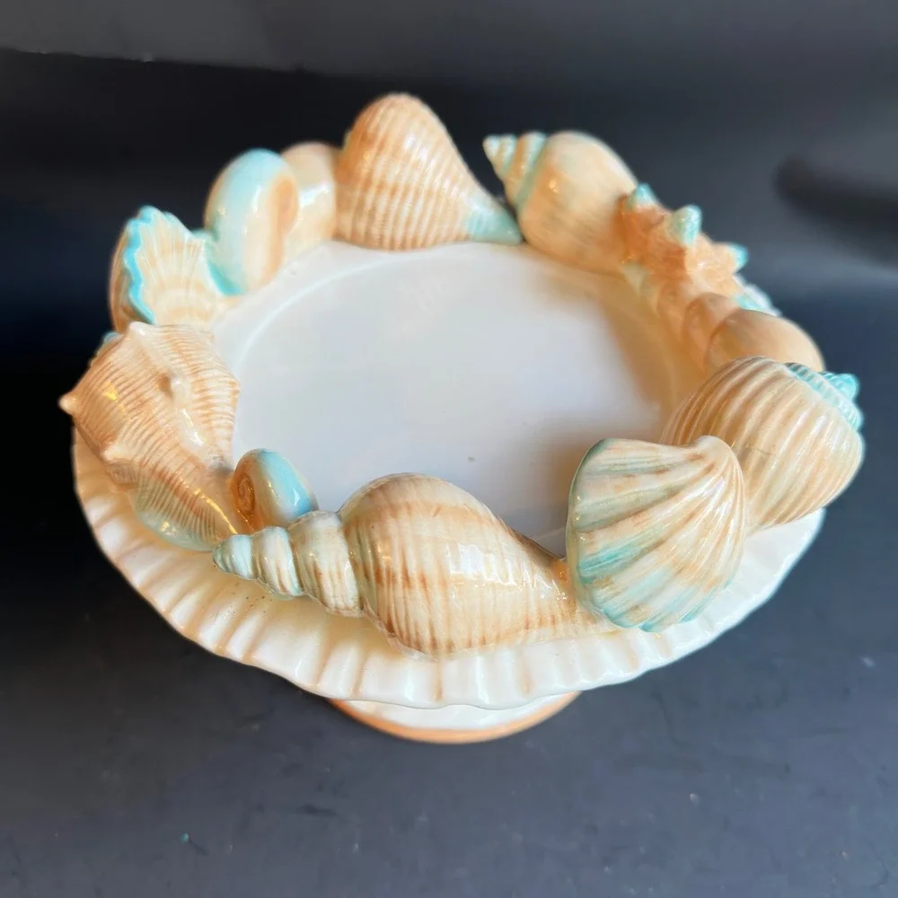 Fitz and Floyd Seashell Compote Footed Bowl Coastal Beach Decor Cream Peach Aqua